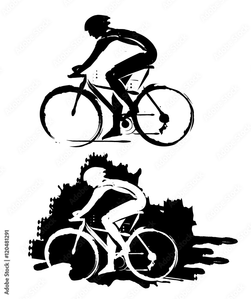 Obraz premium Cyclist grunge silhouette. Black, expressive stylized of cyclist imitating drawing ink and brush. Vector available.