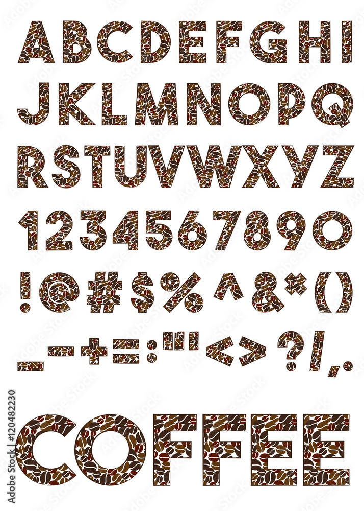 Decorative coffee font. Vector illustration. Decorative coffee font. Vector illustration.