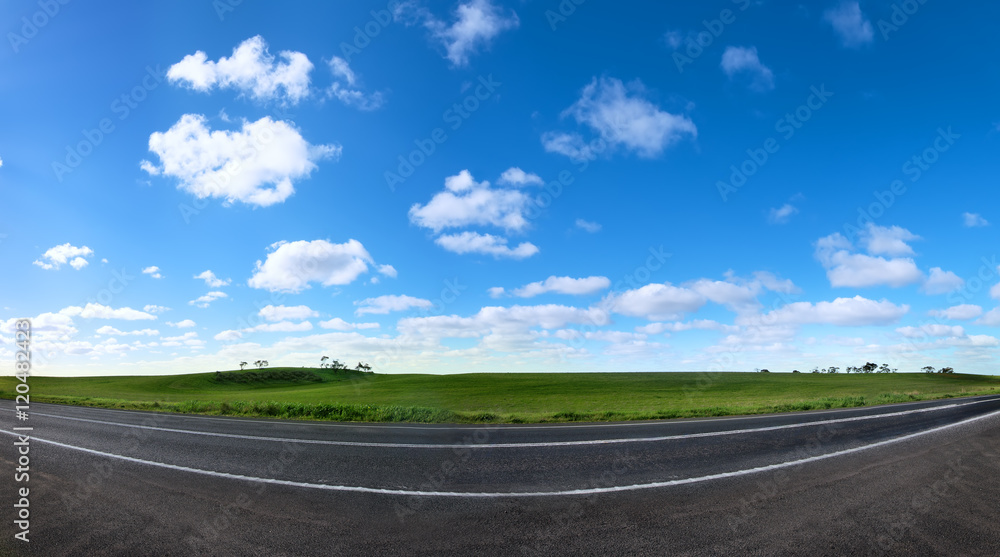 Panotama of green meadow with asphalt road and blue sky