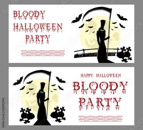 Halloween banner: death, bats, scary scythe and bloody text in cartoon style on  background big moon. Concept design for banner, poster, invitation or ticket on party. Vector illustration