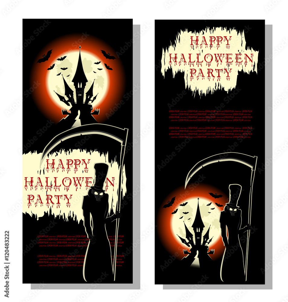 Halloween background: spooky death with large scythe, bats, scary castle  and bloody text in cartoon style on backdrop big moon. Concept banner,  poster, invitation, flyer or ticket on party. Vector Stock Vector |