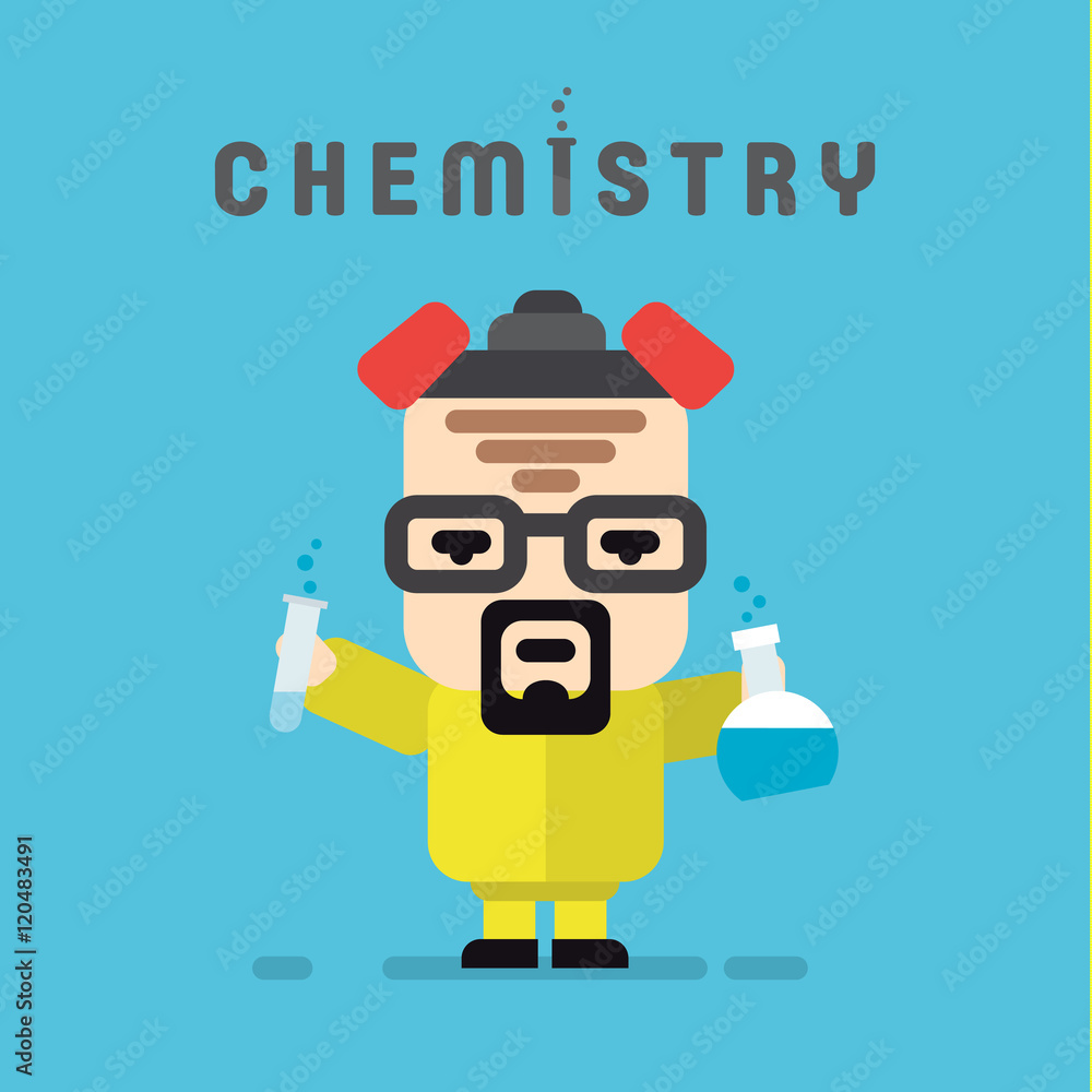 Chemist yellow suit with a respirator, chemistry, flask flat style logo illustrations