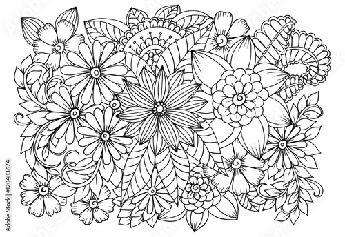 Doodle floral pattern in black and white. Page for coloring book. Zentangle drawing. Flower carpet in magic garden
