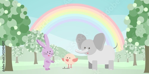 Cartoon nature  landscape with bird, Elephant, rabbit, rainbow, trees and mountains
