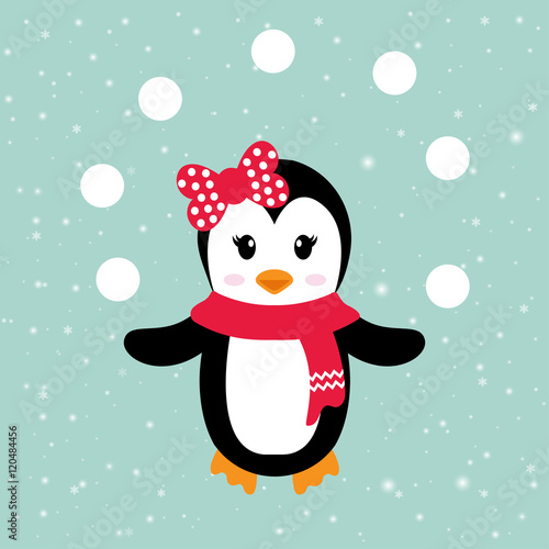 cartoon penguin girl with scarf and snowball © julia_january