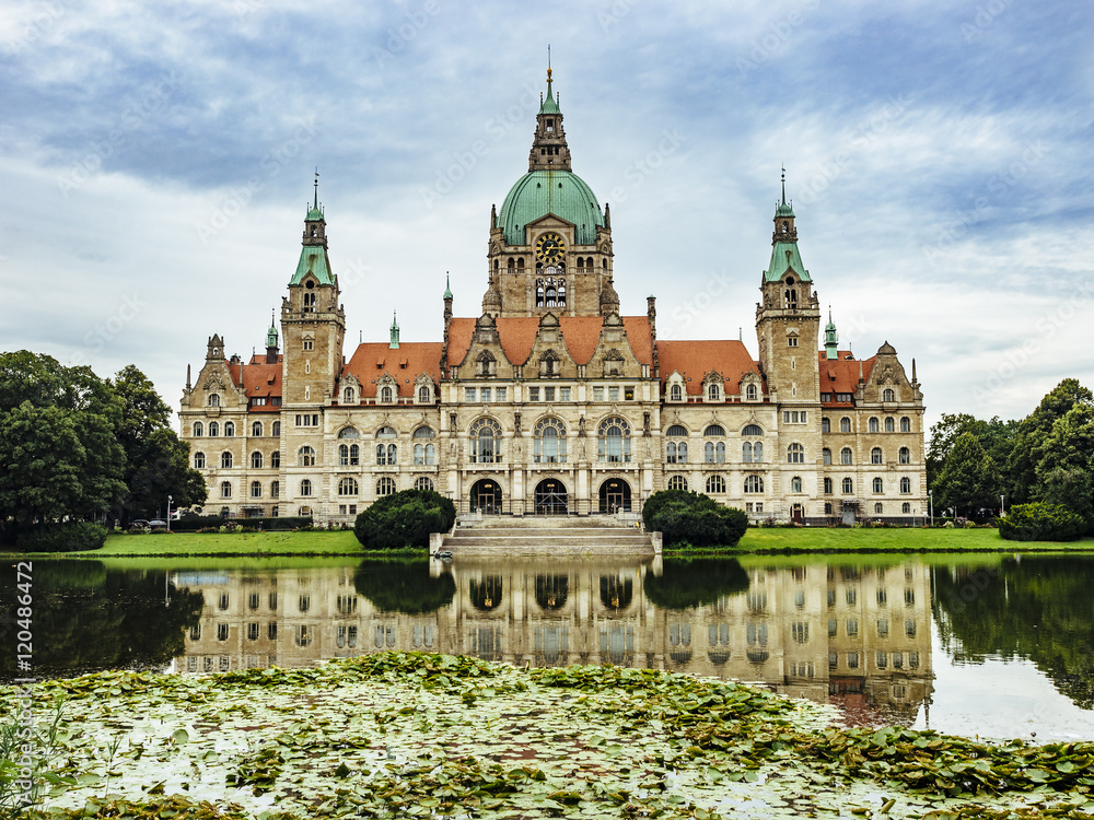 Germany, Hanover, New town hall with Maschteich Germany, Hanover, New town hall with Maschteich