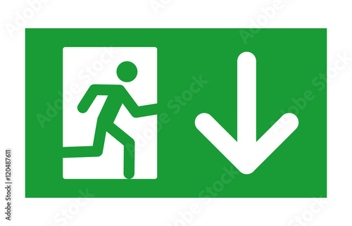 Green exit sign with running man and down arrow flat icon for print