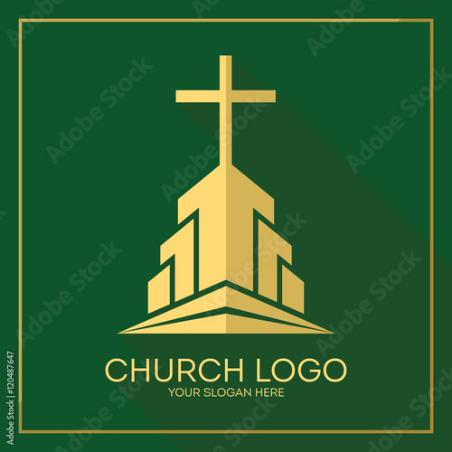 Church logo. Christian symbols. Stylish cross of Jesus Christ among graphic vector elements.