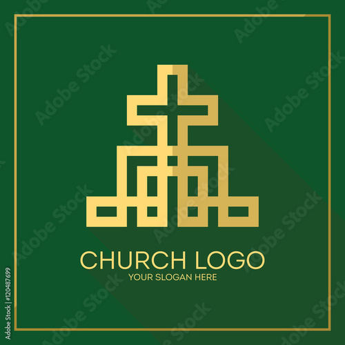 Church logo. Christian symbols. Stylish cross of Jesus Christ among graphic vector elements.