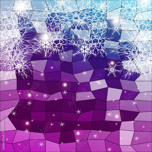 snowflakes on a blue and purple background with polygonal elements. vector illustration