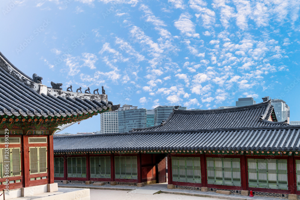 Architectural detail - Korean Tradition red wooden pole and outd Architectural detail - Korean Tradition red wooden pole and outd