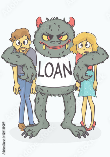 Cartoon of scared young couple embraced by loan monster. Vector illustration of loan concept.