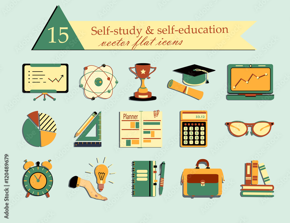 Self study and education themed icons set. Self study and education themed icons set.