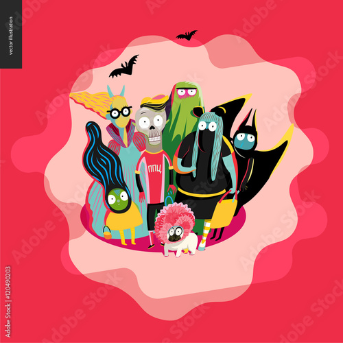 Fototapeta Naklejka Na Ścianę i Meble -  Treak or treat group of children, greeting card. Vector cartoon illustrated group of kids wearing Halloween costumes and a french bulldog, scared by something. Composition placed on a waved shape