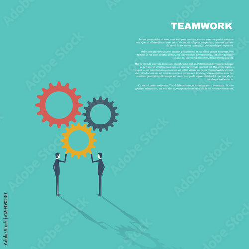 Business concept of teamwork in modern flat design vector illustration. Two businessmen assembling gears.
