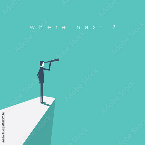 Visionary leadership concept vector illustration with business man looking through telescope from a cliff.
