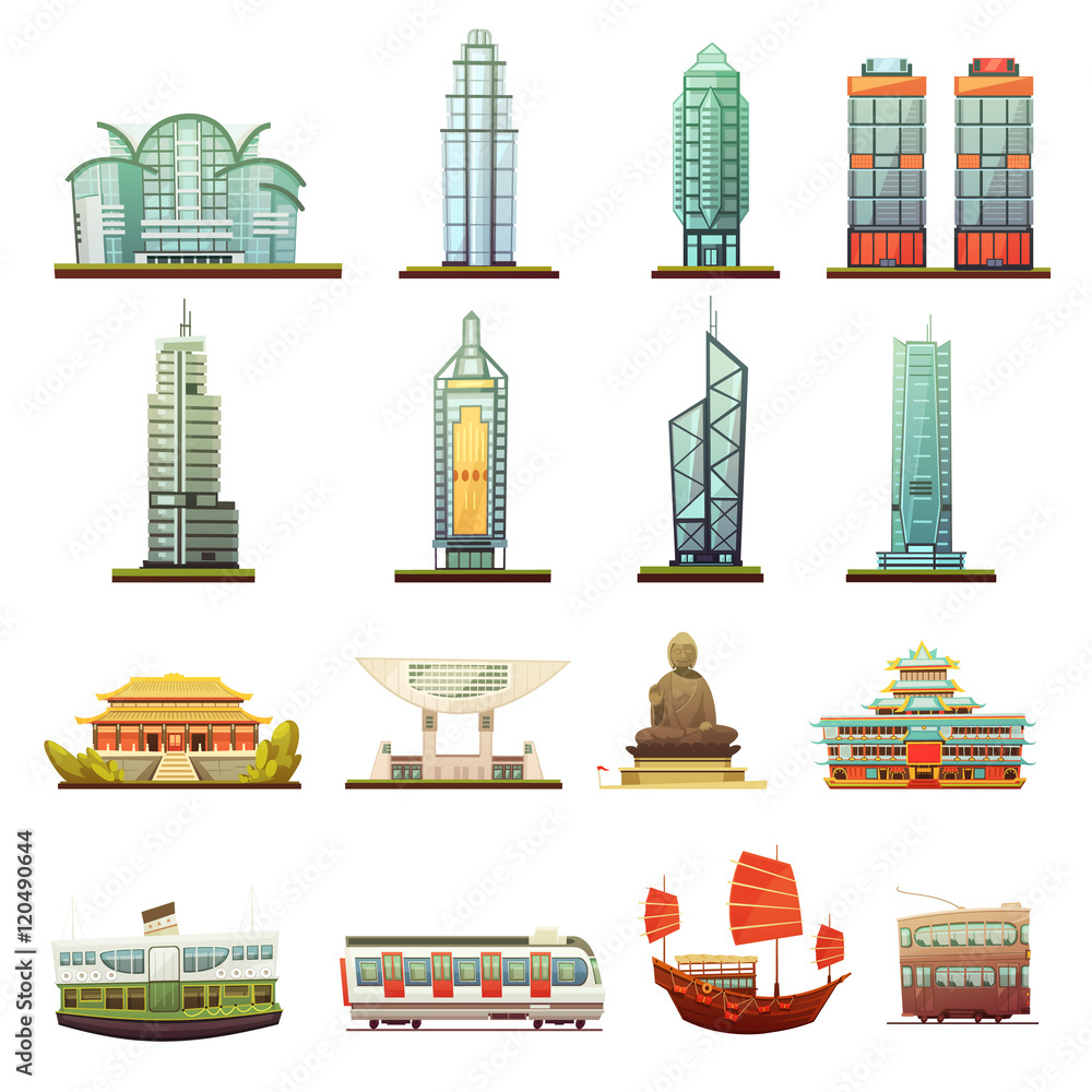 Hong Kong Landmarks Transportation Icons Set   