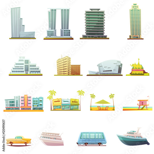 Miami Transportation Landscape Elements Icons Set 