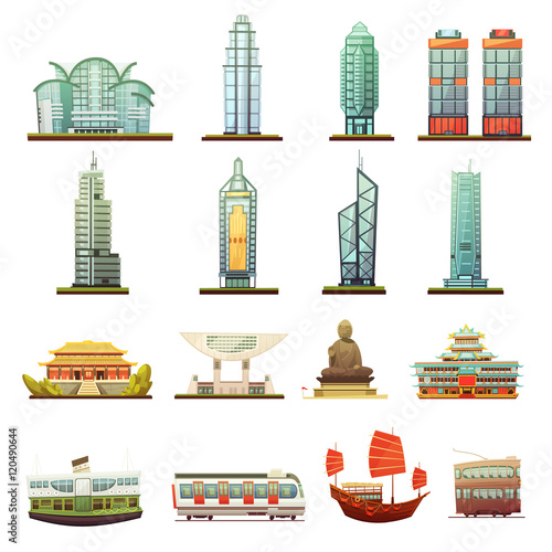 Hong Kong Landmarks Transportation Icons Set   