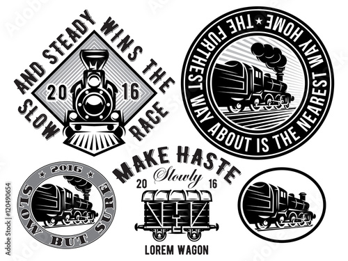 set of templates with retro locomotive, wagon, vintage train, logotype, illustration to topic railroad