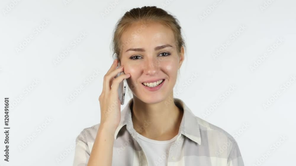 Beautiful Girl Talking on Phone, Answering Call on White Background Beautiful Girl Talking on Phone, Answering Call on White Background