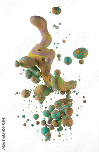 A macro shot of ink Colors mixing under water forming interesting accidental liquid sculptures. Bubbles of color isolated on white background.
