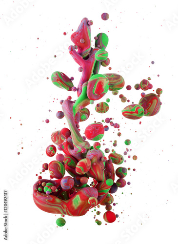 A macro shot of ink Colors mixing under water forming interesting accidental liquid sculptures. Bubbles of color isolated on white background. photo