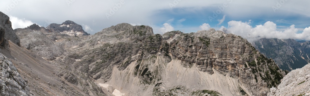 panorama of Triglav and Vrbanova Spica from the hillside of Rjavina mountain in Julian Alps in Slovenia