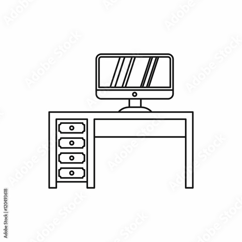 Desktop with computer icon in outline style on a white background vector illustration