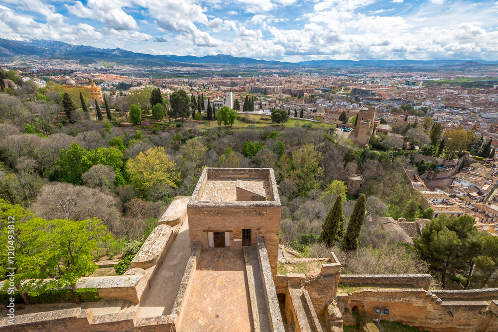 Panoramic view Granada town from the tower of Alcazaba, the military fortress of Alhambra de Granada, a World Heritage Site in Andalusia, Spain.