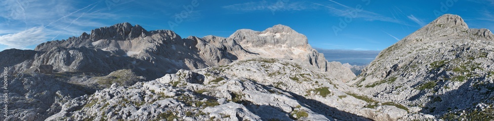 panorama of Rz, Triglav and Begunjski vrh from Dom Valentina Stanica mountain hut in Julian Alps in Slovenia - obrazy, fototapety, plakaty 