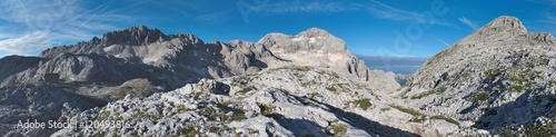 panorama of Rz, Triglav and Begunjski vrh from Dom Valentina Stanica mountain hut in Julian Alps in Slovenia