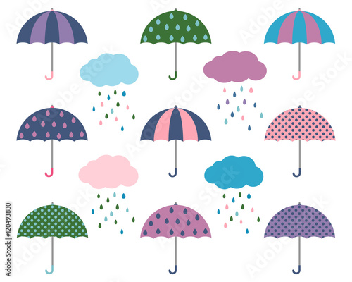 Cute flat design of vector umbrellas and rain clouds