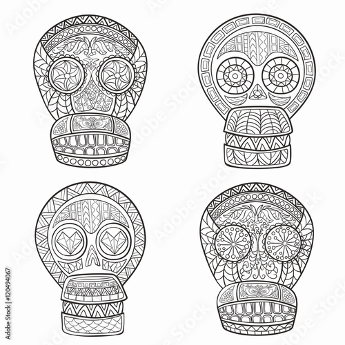 Set of Mexican sugar skulls.Day of The Dead colorful Skull with floral and ethnic ornament.