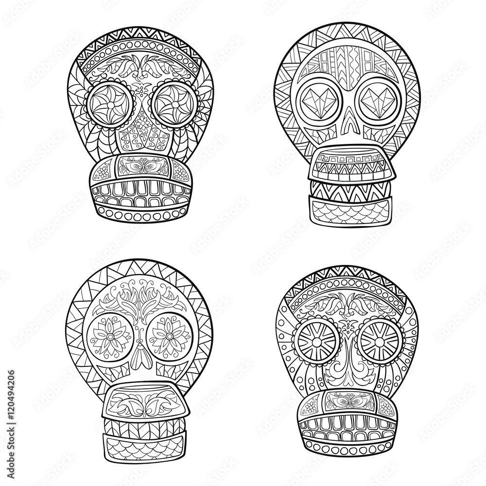 Set of Mexican sugar skulls.Day of The Dead colorful Skull with floral and ethnic ornament.