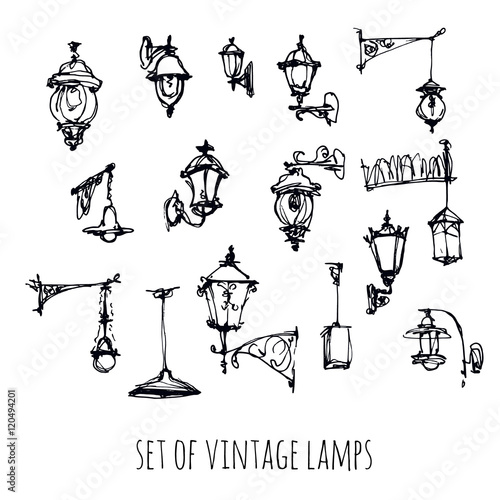 Set of streetlights. Sketch. Vector illustration. Isolated on white background.