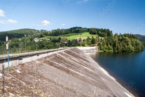 diversion dam of Jezioro Czernianskie water reservoir on Wisla river in Beskid Slaski mountain range