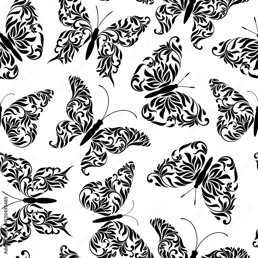 Fototapeta premium Seamless pattern with butterflies created from abstract floral tracery on a white background