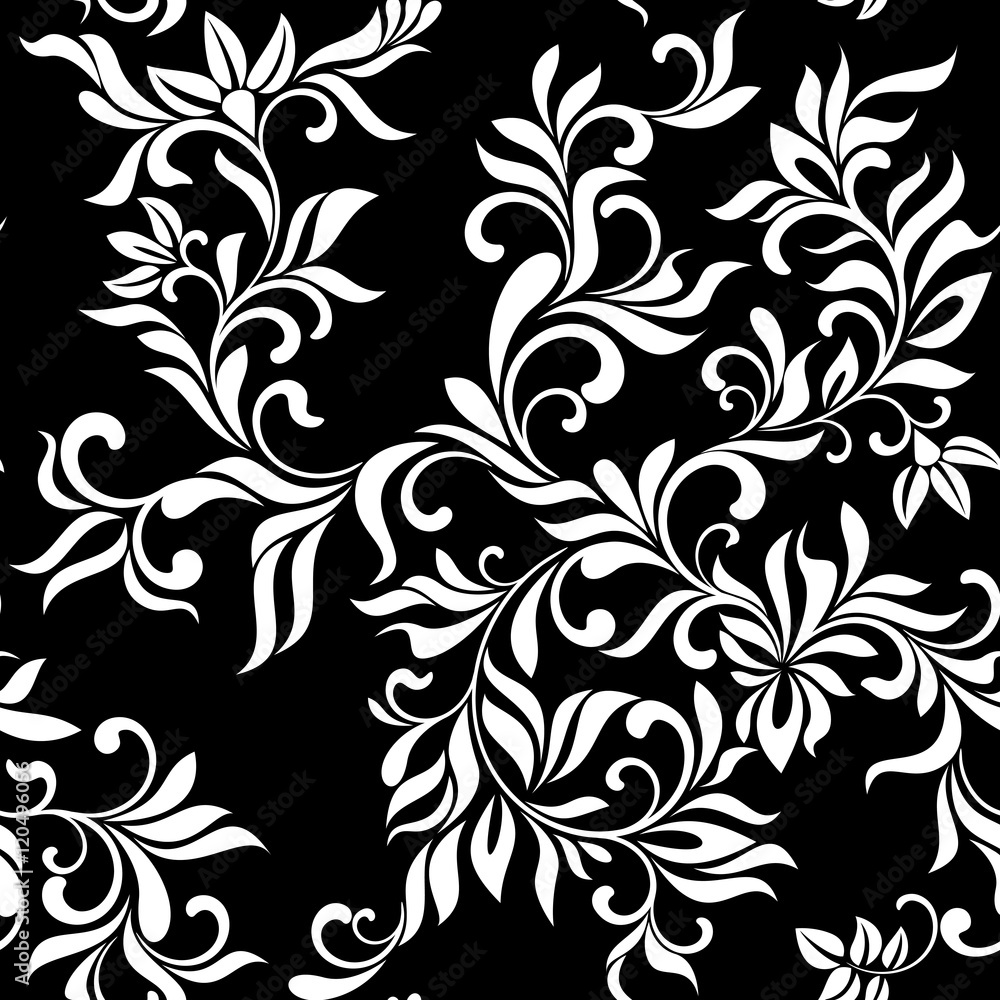 Seamless vector pattern: fantastic flowers on a black background. Vintage style. The pattern can be used for printing on textiles, wallpaper, packaging