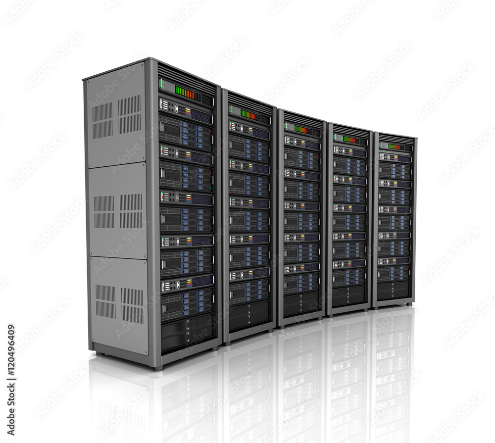 Row of network servers in data center isolated on white background . 3D illustration Row of network servers in data center isolated on white background . 3D illustration