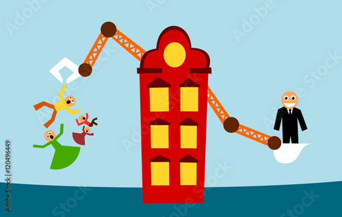 Displacement of family in house and moving of rich businessman into apartment as metaphor of gentrification - elimination of affordable housing for poor families because of higher rent