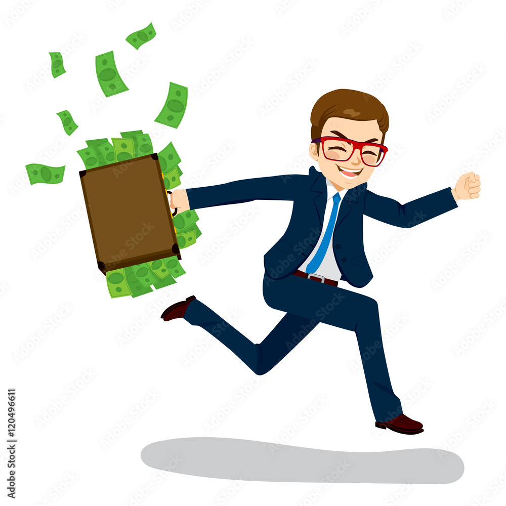 Young businessman happy running away carrying briefcase full with