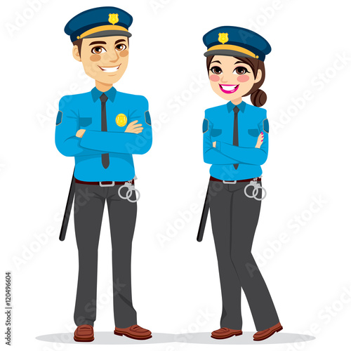 Young female and male police officers standing isolated on white background