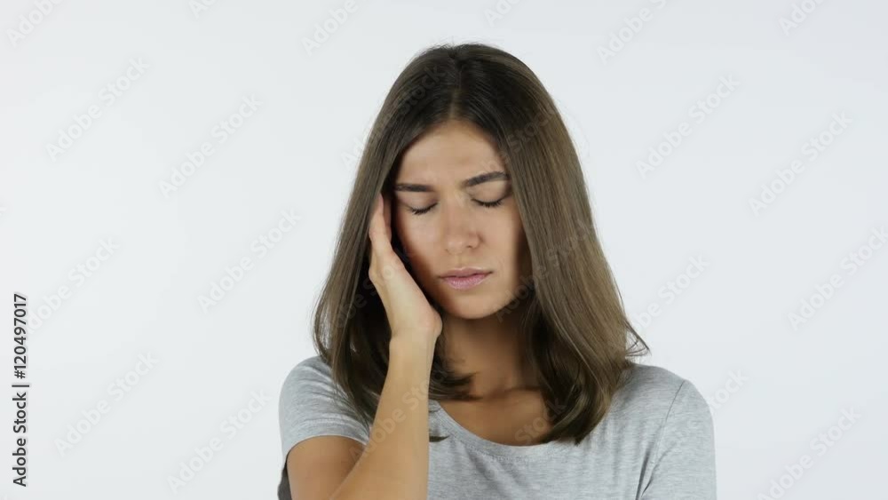 Headache, Frustrated Beautiful Girl, White Background in Studio