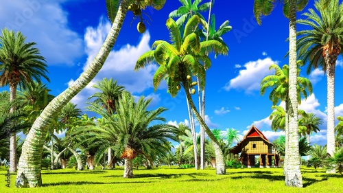 Fototapeta Naklejka Na Ścianę i Meble -  Tropical beach house in the tropics 3d rendering