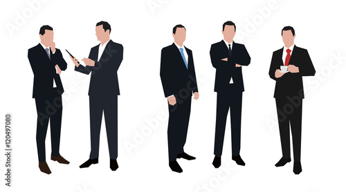 Businessman character set in various poses. Flat vector illustra