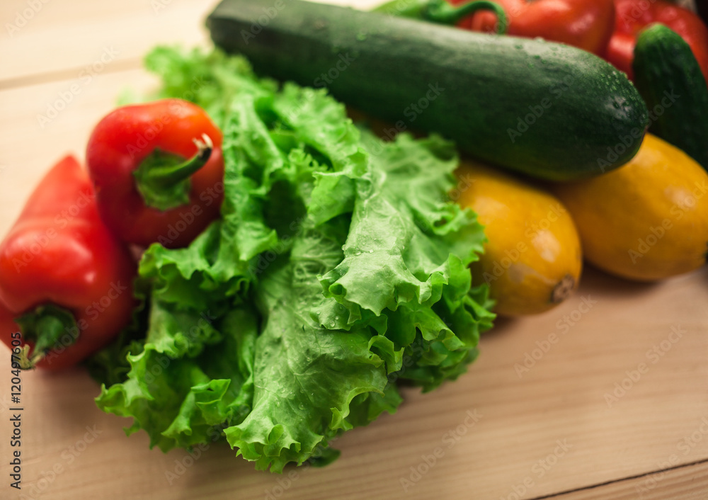 Fresh organic vegetables. Autumn vegetables. Harvesting. Ingredients for the salad. Lettuce, tomatoes, cucumbers, zucchini, eggplant, peppers, chillies.