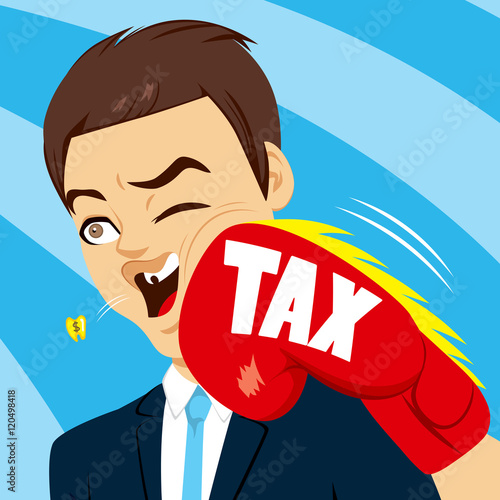 Concept illustration of businessman knocked out by taxes big boxing glove