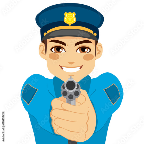 Young male policeman holding and pointing revolver gun