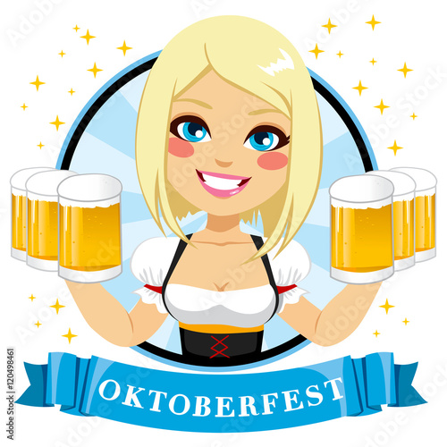 Illustration of beautiful young blonde waitress holding six beer mugs on Oktoberfest celebration
